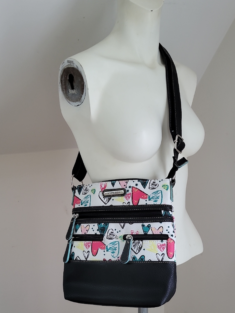 Stone & Co White Heart Print Crossbody Bag with Black Trim